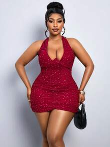 SHEIN PETITE CURVE Plus Size Women Solid Color Rhinestone Pleated Sexy Halter Dress Bling Dress Red Sparkly Dress Night Club Dress Red Rhinestone Dress - Red - View 4