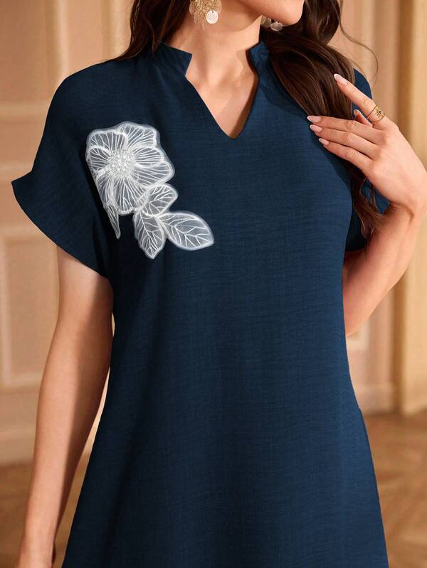 Al Najma Đầm thanh lịch cổ tàu thêu hoa tay raglan