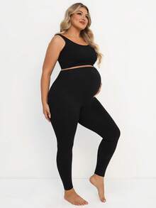 Plussiva Plus Size Maternity Black Leggings,Sommar Casual Gym High Waist Pregnancy Pants,Seamless Ultra-Elastic Expandable Belly Panel Slim-Fit Yoga Leggings - Black - View 4