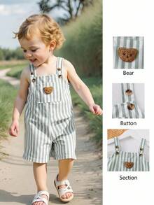 Genkimix Kids 新款可爱熊头休闲蓝白条纹口袋男童背带裤，带纽扣 - 薄荷綠 - 查看 1