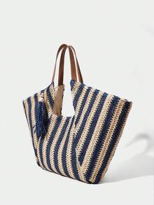 Large Capacity Bohemian Woven Straw Tote Bag With Fringe And Striped And Plain PU Handles For Beach Vacation Summer - Krem - View 4