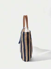 Large Capacity Bohemian Woven Straw Tote Bag With Fringe And Striped And Plain PU Handles For Beach Vacation Summer - Krem - View 5