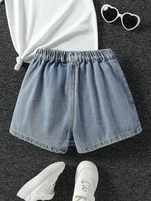 SHEIN Girls'Denim Pleated Skirt Shorts,Light Blue,Summer,Casual,School,Back-To-School,High-Waisted Snug Fit Vintage Acid Wash Cotton-Rich Sweet Chic Style - Light Wash - View 2