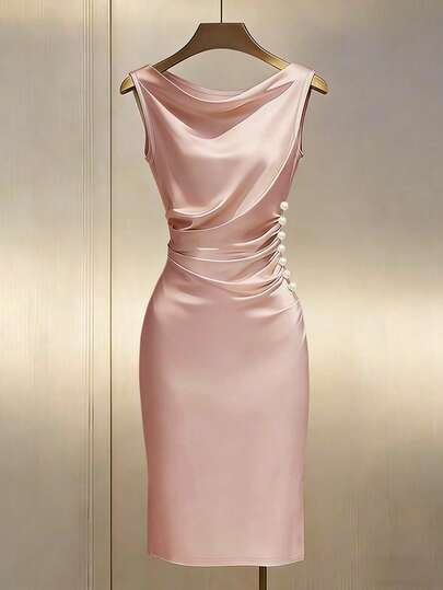 Franclia Champagne Satin Cowl Neck Sleeveless Fitted Dress