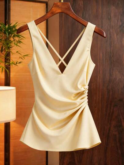 SHEIN Franclia Women's Elegant Fitted V-Neck Tie Waist Camisole Butter Yellow Top Light Yellow Top Women Tops Elegant Pastel Yellow Top Dress Top V Neck Top Sleeveless Top Summer Tops Beach Outfit For Women Summer Holiday Outfits Vacation Outfits Women Casual Blouses For Women Going Out Tops For Women