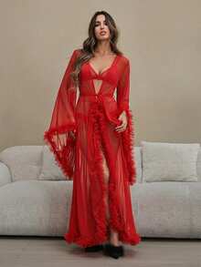HautHeat Women's Solid Color Mesh Flare Sleeve Elegant Robe - Red - View 6