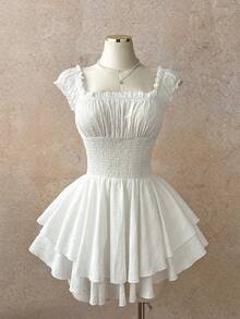 Elamini 春夏休闲度假方领收腰棉质白色连衣裙（女款） - 白色 - 查看 3