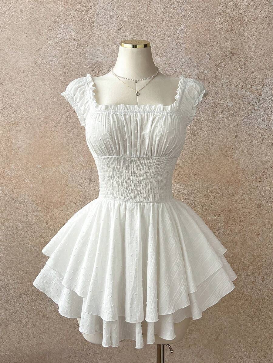 Elamini 春夏休闲度假方领收腰棉质白色连衣裙（女款） - 白色 - 查看 1