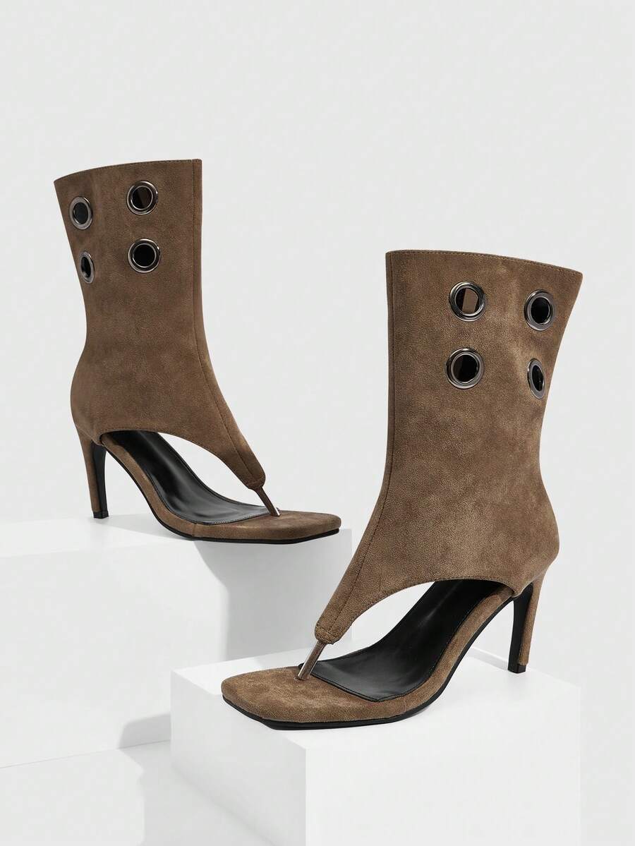CUCCOO SZL Knee High Stiletto Boots With Side Zipper And Metal Grommet Detailing Open Toe Design For Christmas - Khaki - View 1