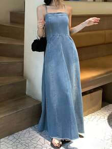 DAZY Đầm denim hai dây kiểu Hàn Quốc dành cho nữ, chất liệu denim bạc màu. - Màu xanh lam - Xem 9