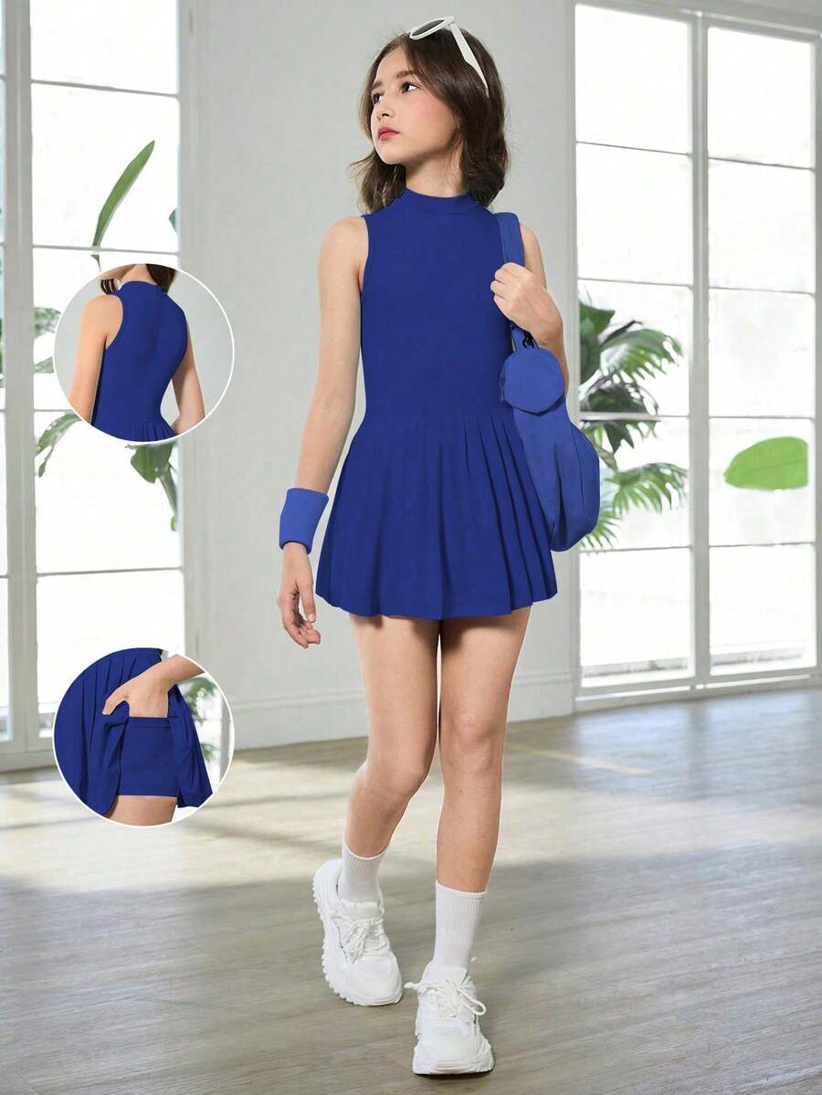 少女户外连体衣,隐形拉链设计,防走光,适合跑步、健身、篮球、足球、网球、羽毛球等运动。 - 寶藍色 - 查看 1