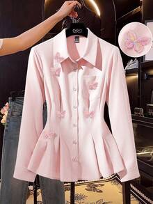 SHEIN Franclia Áo sơ mi nữ dài tay cổ bẻ màu trơn thanh lịch, trang trí hình bướm 3D, kiểu dáng sang trọng. - Hồng - Xem 1