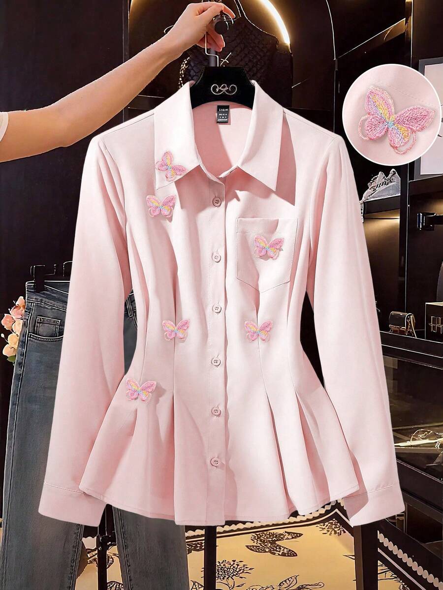 SHEIN Franclia Áo sơ mi nữ dài tay cổ bẻ màu trơn thanh lịch, trang trí hình bướm 3D, kiểu dáng sang trọng. - Hồng - Xem 1