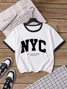 Tween Girls 2-Piece Set White Short Sleeve Tops With English Text And Horse Print,Summer Casual School Back-To-School Fashionable Sports&Comfortable - Multicolor - View 5