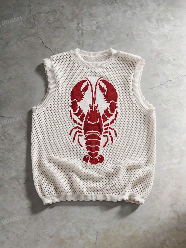 ROMWE MEN Hollow Out Knitted Lobster Pattern Round Neck Sleeveless Casual Comfortable Breathable Tank Top, Summer