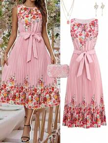 Ellevyn 女士印花系带褶皱优雅无袖中长连衣裙 夏季度假装扮 女士外出装扮 女士婚礼宾客礼服 女士印花连衣裙 女士夏季连衣裙 女士褶皱连衣裙 女士套装 - 淺粉色 - 查看 11