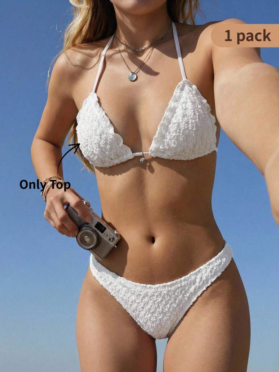 Swim Mod 2026春夏女士沙滩装，女士泳衣上装，单件装，优雅性感，适合海滩、度假，INS爆款，甜美可爱蕾丝面料，精致贝壳形金属吊坠装饰，白色，三角罩杯比基尼，浪漫优雅，适合海滩、海岛度假、假期、派对、日常穿着。2026春夏新款女士沙滩装系列现已上市！精选时尚泳装和沙滩度假单品。 - 彩色 - 查看 1