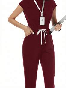 TaskEZ Solid Color Drawstring Waist Scrub Uniform Jumpsuit - Burgundy - View 8