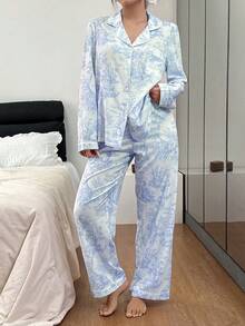 SHEIN Women's Bubble Print Lapel Cardigan Pajama Set - Blue and White - View 4