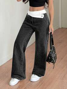 SHEIN Tall Women's Summer Casual High Waist Wide Leg Jeans Contrast White Fold Waist Washed Black Denim Loose Baggy Pants With Button Detail For Streetwear Outfits Women's Versatile For Summer Loose Straight Leg Jeans - Black - View 4