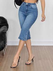 SHEIN Tall 女士高腰口袋修身休闲百搭七分牛仔裤 - 中等水洗藍 - 查看 3