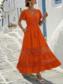 SHEIN Clasi Đầm kiểu Bohemian cổ chữ V phối ren thanh lịch, đầm đi nghỉ mát, đầm ngắn mùa hè dễ thương cho nữ, thích hợp cho kỳ nghỉ, ngọt ngào và thanh lịch cho kỳ nghỉ, hẹn hò, lễ hội, tiệc tùng, lễ tốt nghiệp, đám cưới và đi biển, đầm dạ hội, đầm mùa hè cho nữ, quần áo mùa hè cho nữ, đầm đi nghỉ mát, đầm đi biển mùa hè cho nữ, đầm Bohemian cho nữ, đầm hoàng hôn, đầm dài màu cam, đầm đi biển, đầm mùa hè cho nữ, trang phục đi nghỉ mát cho nữ, đầm Boho cho nữ, đầm maxi thường ngày màu cam, đầm maxi màu cam, đầm màu đất nung, trang phục nghỉ dưỡng, đầm đi biển màu cam, đầm màu cam cho nữ, đầm màu cam, đầm đi nghỉ mát, đầm đẹp cho nữ, đầm đi biển cho nữ, đầm mùa hè thiết kế mới, trang phục đồng quê cho nữ, đầm mùa hè cho nữ, đầm ren, đầm thắt eo, đầm nữ, đầm thời trang nữ, đầm midi thắt eo - trái cam - Xem 3