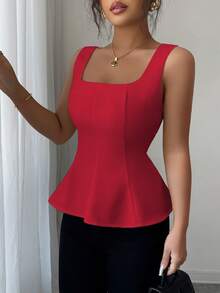 Elenzga 女士优雅方领无袖衬衫，适合办公室、通勤、下午茶、派对、度假、休闲穿着 - 紅色 - 查看 4