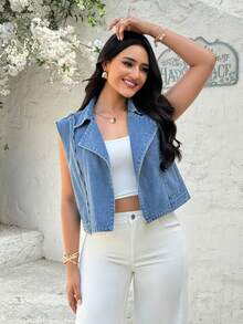 Rivivi 夏季女士休闲无袖牛仔外套 - 淺色水洗藍 - 查看 7