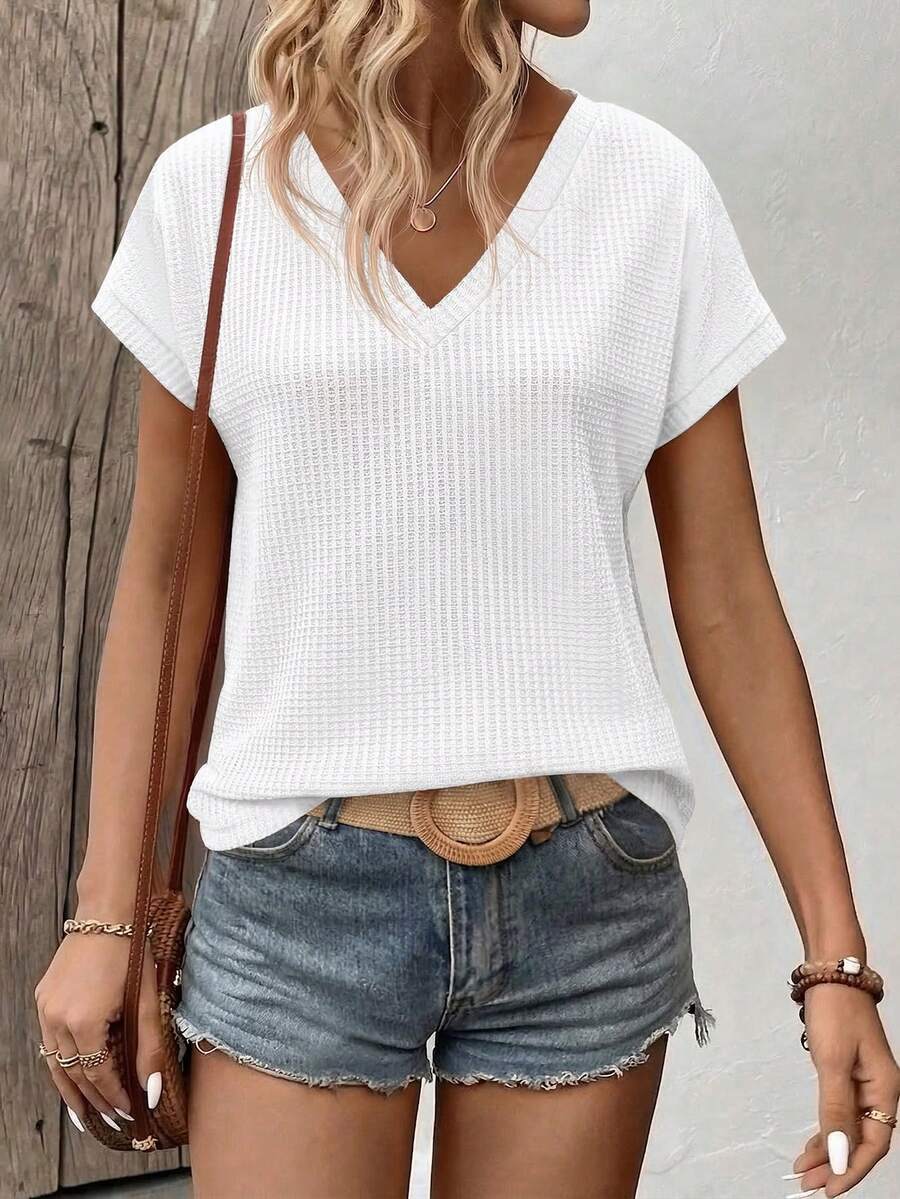 EMERY ROSE Casual Basic Basic Solid Color Short Sleeve T-Shirt, Versatile For Summer Everyday White Vacation - White - View 1