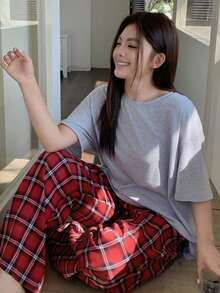 Dazy Plus Round Neck Loose Fit Pajama Set - Plaid Pants - Light Grey - View 6