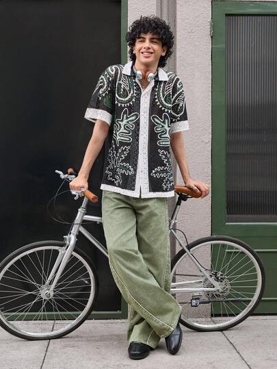 Open Phase Unisex Printed Shirt, Black & White Top, Geometric Pattern, Bohemian & Hawaiian Style, Couple Matching Shirts, Hollow Out Plaid, Casual Outgoing, Young People's, Leisure Holiday Shirt, Valentine's Day Gift, Short Sleeve, Hawaiian