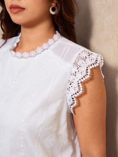 Elaquor 大码刺绣无袖衬衫，优雅可爱刺绣上衣，白色刺绣上衣，全刺绣衬衫，度假衬衫