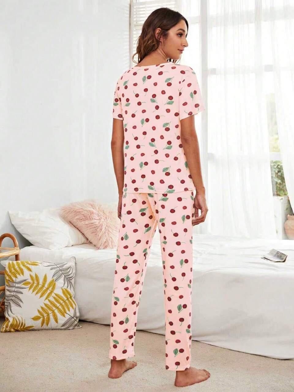 Cherry Print Pajama Set With Eye Cover