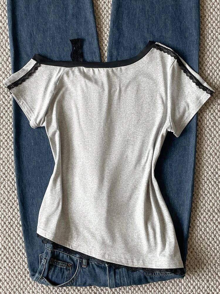 Tween Girls' Colorblock Trim Short Sleeve Fashionable Versatile T-Shirt, Summer - Grey - View 2