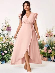 Cravure Đầm cưới cỡ lớn lãng mạn, thanh lịch, màu trơn, cổ chữ V chéo, thắt nơ bên hông, tay bồng. - Hồng - Xem 4