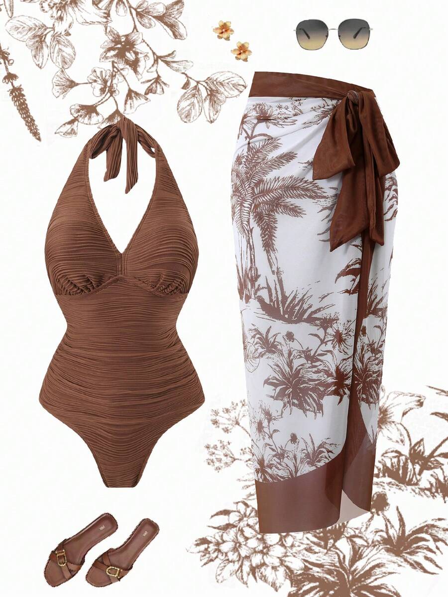 Swim Oasis 2026 New Plus Size Solid Color Knitted Jacquard Halter V-Neck Ruched Waist Matching Multi-Color Placement Print Tie Strap Mesh Skirt Swimsuit, Elegant & Fashionable For Beach & Vacation - Multicolor - View 1