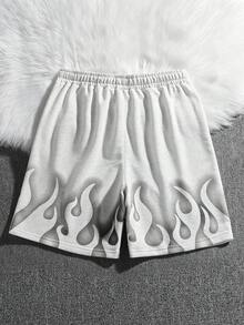 Manfinity Roghcode Pantalones cortos sueltos para hombres con cordón en la cintura y estampado gráfico de fuego y letras - Gris Claro - Ver 2