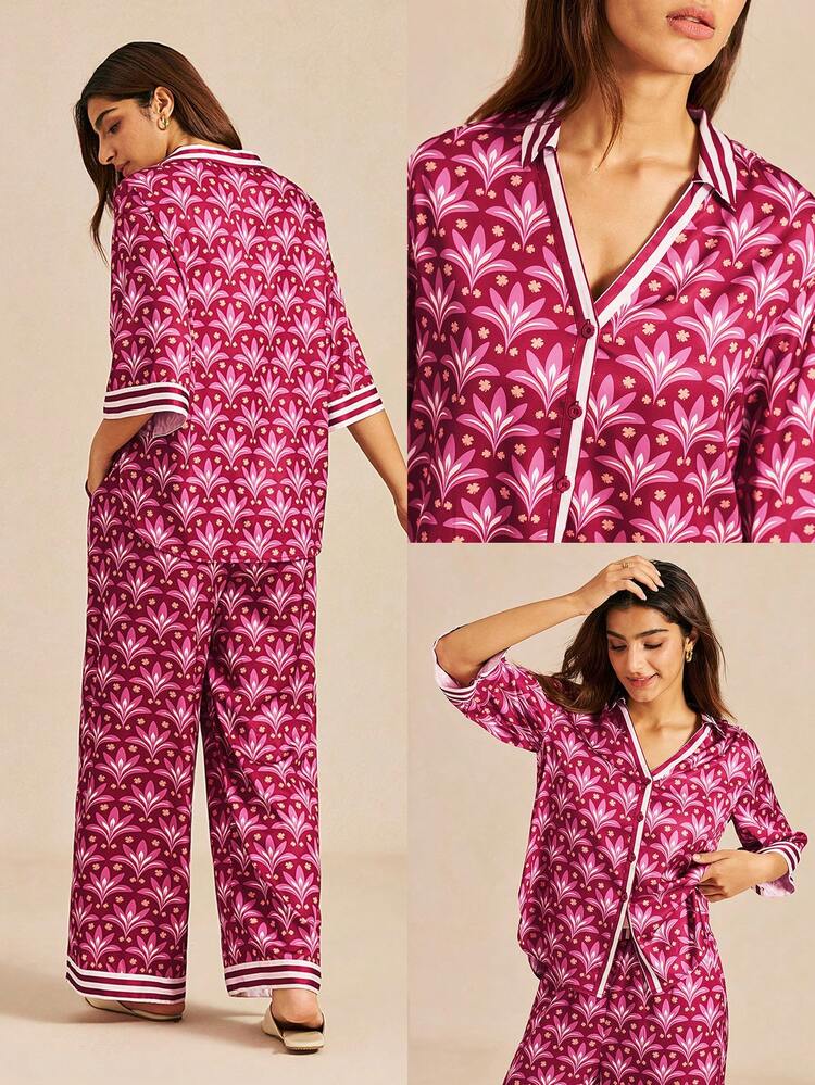 Women's Burgundy Satin Sleep Se