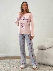EURMUSE 100% Cotton 2Pcs  Contrast Colour Heart Printed PJ Set - Baby Pink - View 3