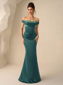 Coutiva 女士亮片拼接露肩褶皱修身正式晚礼服 - 孔雀綠 - 查看 3