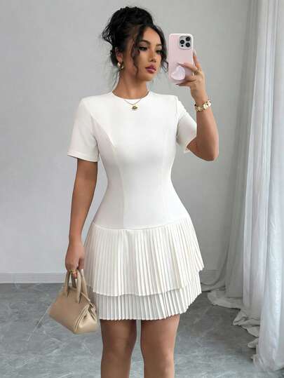 Elenzga Women's Round Neck Fitted A-Line Dress With Double-Layer Pleated Hem, Short Sleeve, Short Length, Apricot Color, Elegant And Sophisticated, French Romantic Vintage Style, Suitable For Commute, Business, Beach, Casual, Minimalist, Versatile, Wedding, Valentine's Day, Afternoon Tea, Party, Spring/Summer New Arrival