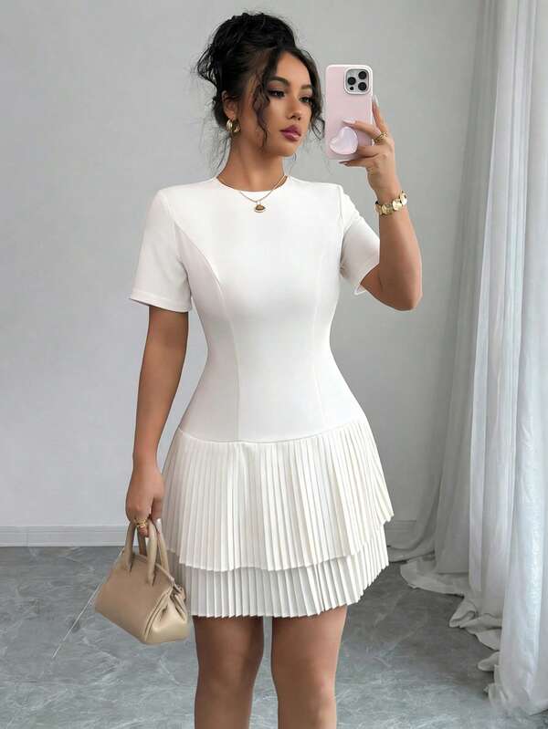 Elenzga Women's Round Neck Fitted A-Line Dress With Double-Layer Pleated Hem, Short Sleeve, Short Length, Apricot Color, Elegant And Sophisticated, French Romantic Vintage Style, Suitable For Commute, Business, Beach, Casual, Minimalist, Versatile, Wedding, Valentine's Day, Afternoon Tea, Party, Spring/Summer New Arrival