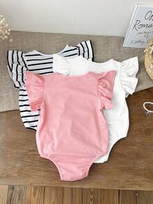 SHEIN LMoss Kids LMoss 3pcs Newborn Baby Girl Cute Summer Knitted Striped Ruffle Bodysuit Set - Multicolor - View 2
