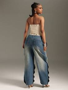 Denimoi Quần jeans ống rộng đáy thụng, có cúc cài, kiểu dáng thời trang, cá tính, phong cách đường phố. - Rửa trung bình - Xem 4