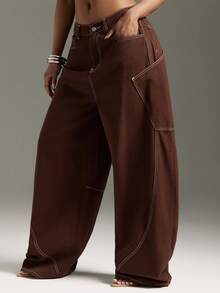 Denimoi Quần ống rộng, túi ngoại cỡ, phong cách đường phố thời trang, quần jeans boyfriend lấy cảm hứng từ thập niên 90. - màu nâu - Xem 1