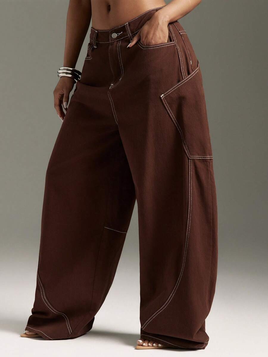 Denimoi Quần ống rộng, túi ngoại cỡ, phong cách đường phố thời trang, quần jeans boyfriend lấy cảm hứng từ thập niên 90. - màu nâu - Xem 1