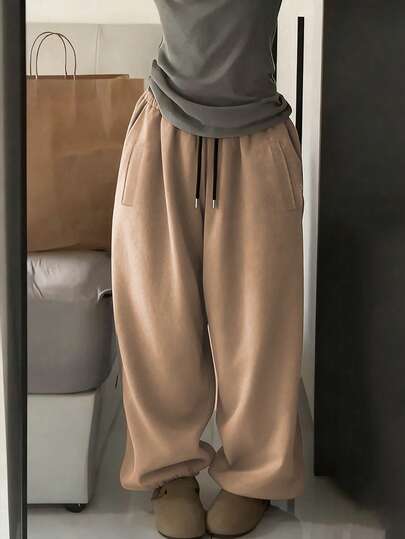 EMERY ROSE Pantalon de jogging décontracté gris unicolore avec taille élastique et cordon de serrage, avec poches