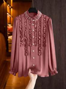 Modelyn Elegant Solid Color Ruffle Collar Long Sleeve Fitted Plus Size Blouse, Suitable For Spring And Autumn Fall - Redwood - View 1