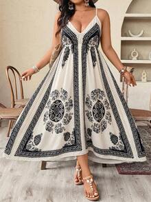 Weeklong Plus Size Women Elephant Print Asymmetric Strap Vacation Dress - Apricot - View 7