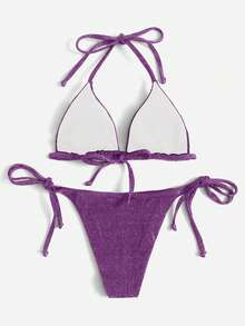 Swim Basics Solid Color Shiny Bikini For Beach Vacation - Purple - View 2